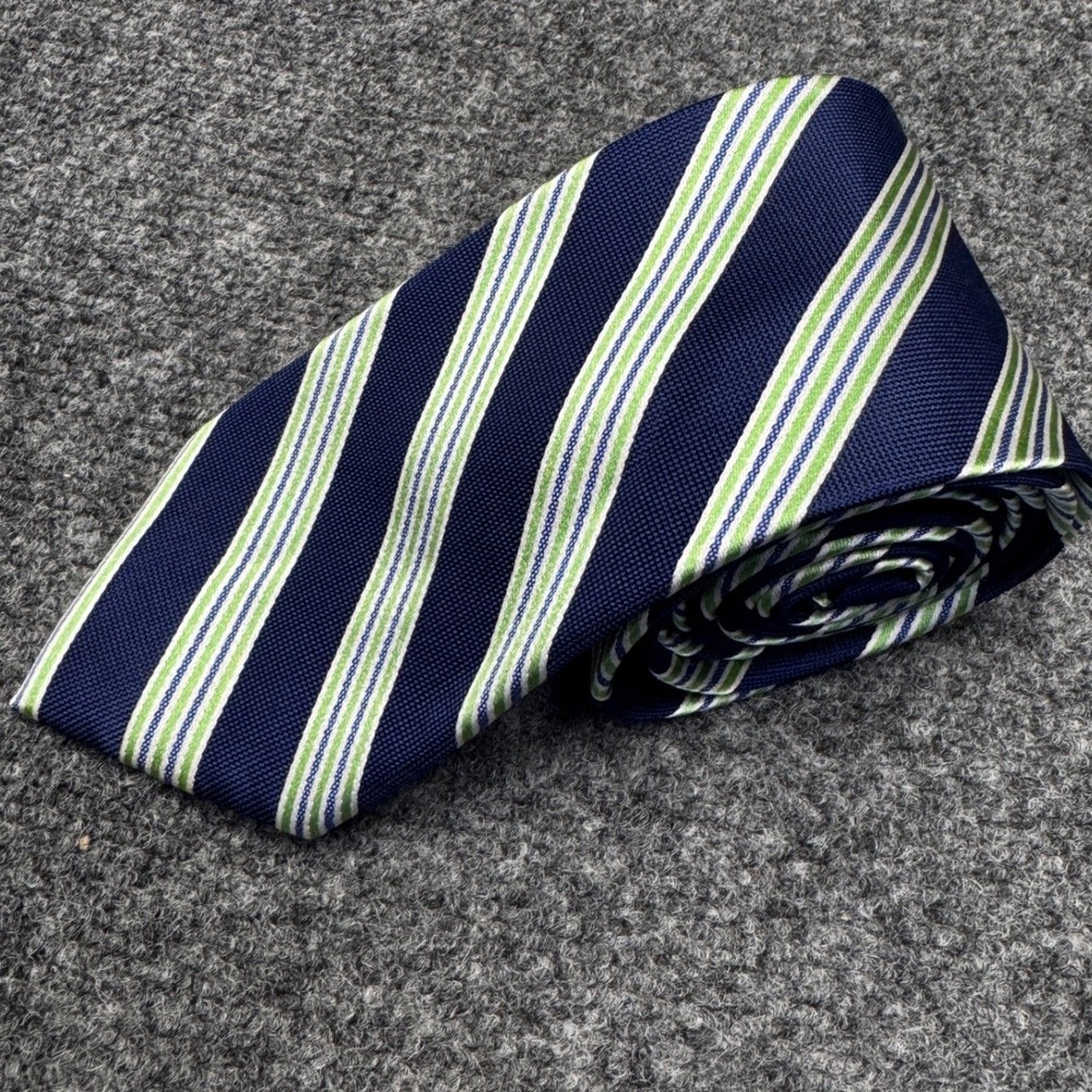 Roundtree & Yorke Necktie Mens Extra Long Navy Green White Striped Silk Preppy